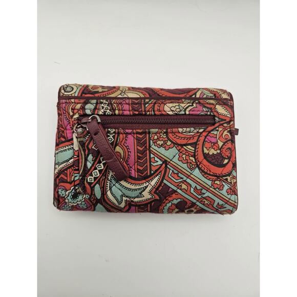 Vera Bradley Trifold Wallet Paisley Quilted Zip Coin ID Window Purple Red - Picture 2 of 9